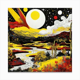 Brunei landscape basking in a surreal hue of yellow, white, black, red, framed by the magic of the cosmos, stardust specks studded across the celestial tapestry Canvas Print