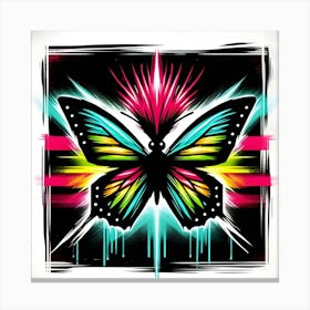 A Flashy Butterfly With A Neon Mohawk, Inspired By The Street Art Of Banksy, With A Bold Black And Neon Color Scheme, Where The Butterfly Is In Focus And The Background Is Blurred Into Neon Shapes, Framed With Abstract Brush Strokes (2) Canvas Print