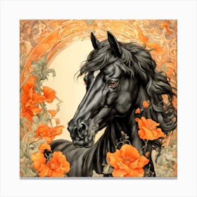 Black Horse With Orange Flowers Canvas Print