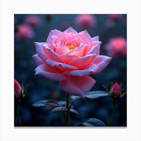 A Dreamy Rose With Petals Of Cascading, Neon Light Blooming In A Surreal Garden Canvas Print