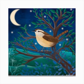 Jenny Wren Under A Crescent Moon Square Canvas Print