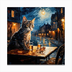 Cat And Cafe Terrace At Night Van Gogh Inspired 08 Canvas Print