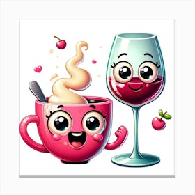 Cute Cartoon Coffee And Wine Canvas Print