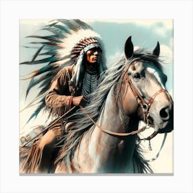 Native American Chief On His Horse Color Drawing Canvas Print