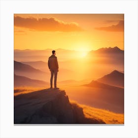 Man Standing On Top Of Mountain At Sunset Canvas Print