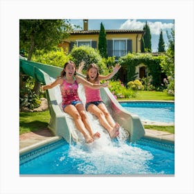 Two Girls On A Water Slide 2 Canvas Print