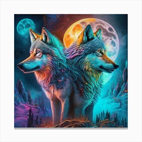 Two Wolves In Front Of The Moon 2 Canvas Print