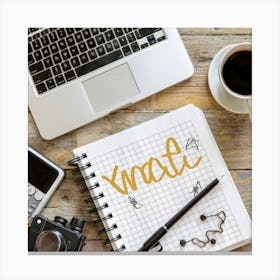 An overhead shot of a well-organized and visually appealing desk with a laptop, notebook, and a cup of coffee, representing productivity and a conducive work environment. This image can be applied across various industries for website banners, social media posts, or marketing materials Canvas Print