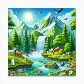 Landscape With Animals And Waterfall Canvas Print