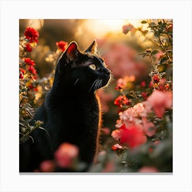 Black Cat in a Floral Sunset Garden 13 Canvas Print