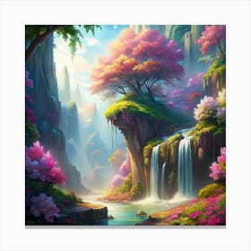 Enchanted Forest Landscape With Waterfall And Blooming Trees Canvas Print