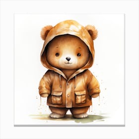 Watercolour Cartoon Brown Bear In A Hoodie 1 Canvas Print