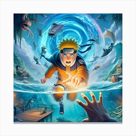 An Eye Catching Anime Style Digital Painting Featuring Naruto Unleashing Rasengan Set Against The Background Of Hidden Under The Sea And Visual Effects Like Explosions 3 Canvas Print