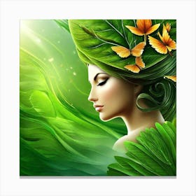 Portrait Of A Woman With Green Leaves Canvas Print