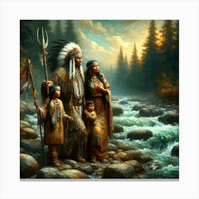 Oil Texture Native American Family By Stream 3 Copy Canvas Print