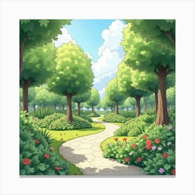 Lush Urban Park In Watercolor, With Pathways And Diverse Plant Life Canvas Print