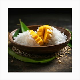 Ripe mango peeled,showing yellow flesh inside.Place on a plate topped with thick coconut milk and soft white glutinous rice. Sprinkle with small crunchy soybeans.Topped with fresh coconut milk. White,thick,sticky and there was smoke aura spred all over a large golden and white aura attacked the white and gray aura. The background is a mango tree. With yellow mangoes, fully ripe, Phu Chao, bright sunlight, 4k resolution. 2 Canvas Print