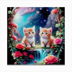 Two Kittens By The Waterfall Canvas Print