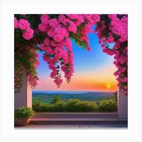 Pink Flowers Sunset Read Shade Flowers Blue Sky Beautiful Location Sunset View Wall Canvas Print