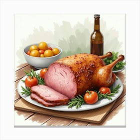 Watercolor Depiction Of A Savory And Hearty Pork Roast On A Cozy Kitchen Table Canvas Print