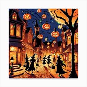 The Picture Captures A Vibrant Halloween Street Scene Adorned With Intricately Carved Jack O Lante (6) Canvas Print