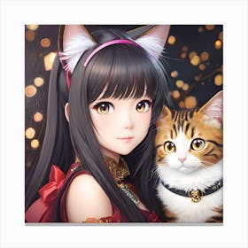 Kawaii anime portrait Hina with cat Canvas Print