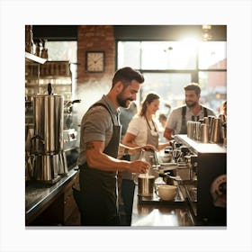 Barista Swiftly Spinning Pouring Water Into A Gleaming Espresso Machine Amidst Morning Rush In Bu (6) Canvas Print