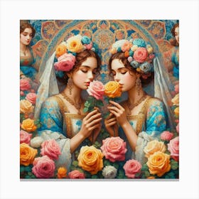 Two Sisters With Roses Canvas Print