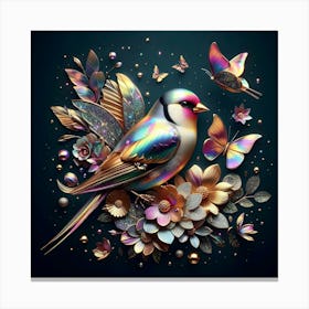 Colorful Bird With Butterflies And Flowers Canvas Print