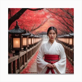 Asian Woman In Red Kimono Canvas Print