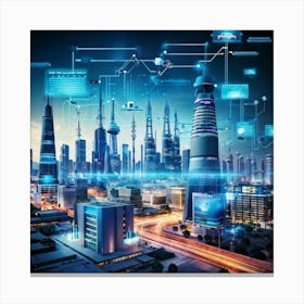 Cybersecurity Themed Futuristic Cityscape Interwoven With Telecom Towers And Emerging Broadband Conn Toile