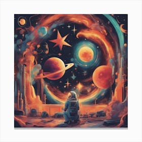 A Retro Style People Space, With Colorful Exhaust Flames And Stars In The Background 1 Canvas Print