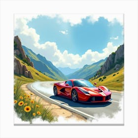 A Vibrant Ferrari Speeding Down A Watercolor Mountain Road 1 Canvas Print