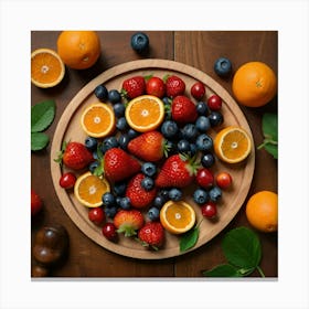 Top Down Shot of strawberries, blueberries, cherries, and oranges arranged symmetrically on a wooden platter. Sitting on a wooden table with leaves and cooking utensils on it Canvas Print