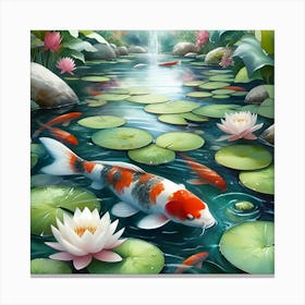 Serene Koi Fish Pond With Lily Pads, Watercolor Painting 1 Canvas Print