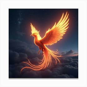 A Surreal Phoenix With Feathers Of Shimmering, Neon Fire Soaring Through A Celestial Sky Canvas Print