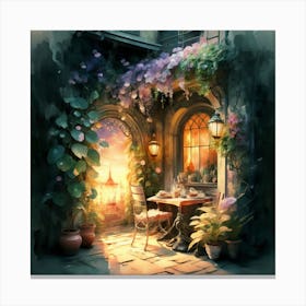 Quiet and attractive dining nook, overgrown flowers, high quality, detailed, highly 3D, elegant carved cart, 10 Canvas Print