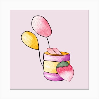 Strawberry Cupcake And Balloons Square Canvas Print