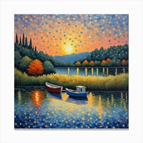 Sunset Boats.Serene Lakeside Sunset: Vibrant Landscape Oil Painting wall art Canvas Print