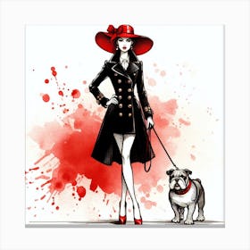 Lady In Red Coat With Bulldog Canvas Print