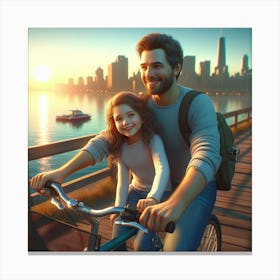 Father And Daughter Riding Bikes Canvas Print