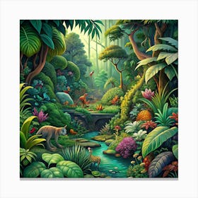 Enchanting Lush Jungle With Animals And Stream Canvas Print