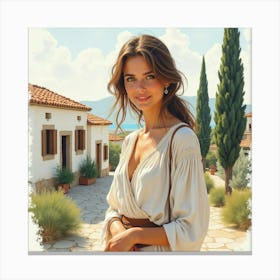 Beautiful Greek Woman In Watercolor, With The Timeless Allure Of A Traditional Village Scene 1 Canvas Print