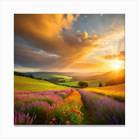 Sunset In The Lavender Field Canvas Print