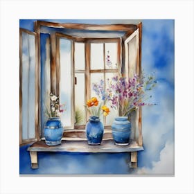 Blue wall. Open window. From inside an old-style room. Silver in the middle. There are several small pottery jars next to the window. There are flowers in the jars Spring oil colors. Wall painting.53 Canvas Print