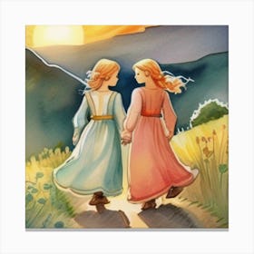 Two Girls Walking Down The Road Canvas Print