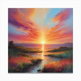 Sunset Over The Water Paintings Art Print 3 Canvas Print