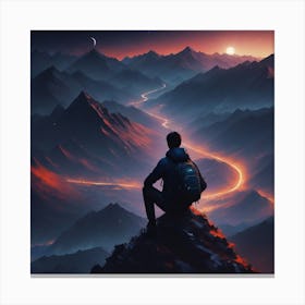 Man Sitting On Top Of Mountain Canvas Print