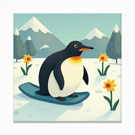 Penguin Sliding By Daffodils 1 Canvas Print