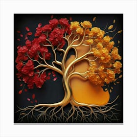 Template: Half red and half black, solid color gradient tree with golden leaves and twisted and intertwined branches 3D oil painting 13 Canvas Print
